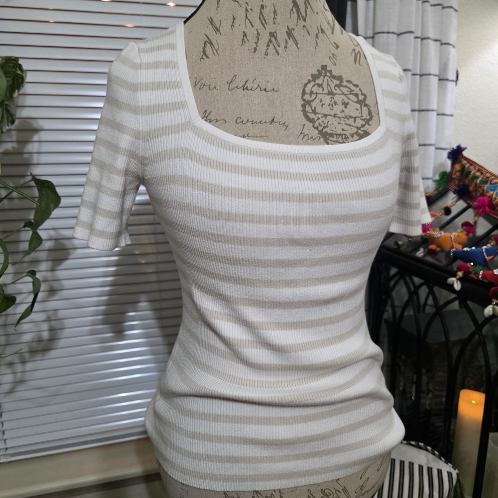 LOFT White and Cream Square Neckline Soft Stretchy Ribbed Top